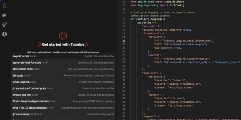 Tabnine coding assistant displaying AI commands for code explanation and fixes.